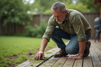 Homme en extérieur examine une planche en bois abîmée