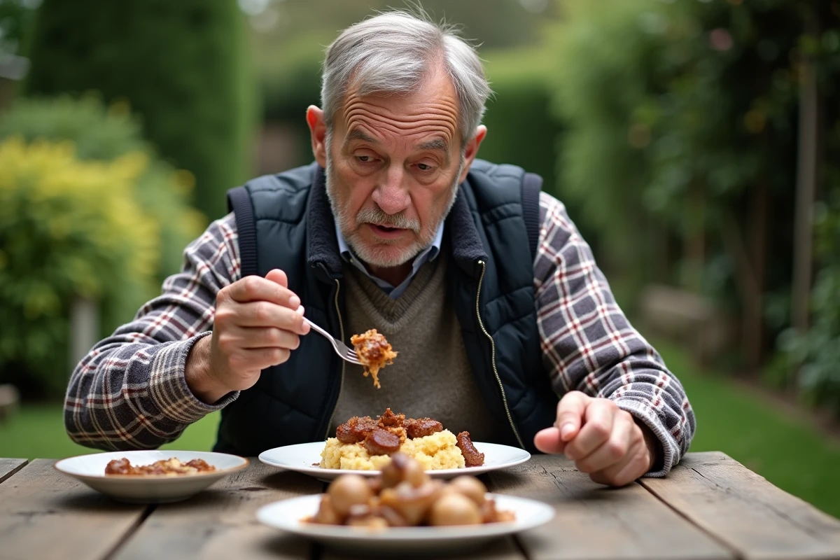 Homme âgé dégustant du boudin noir dans un jardin