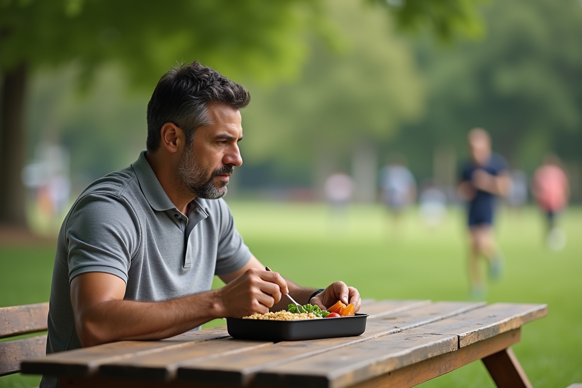 Homme mangeant un bento sain dans un parc en plein air