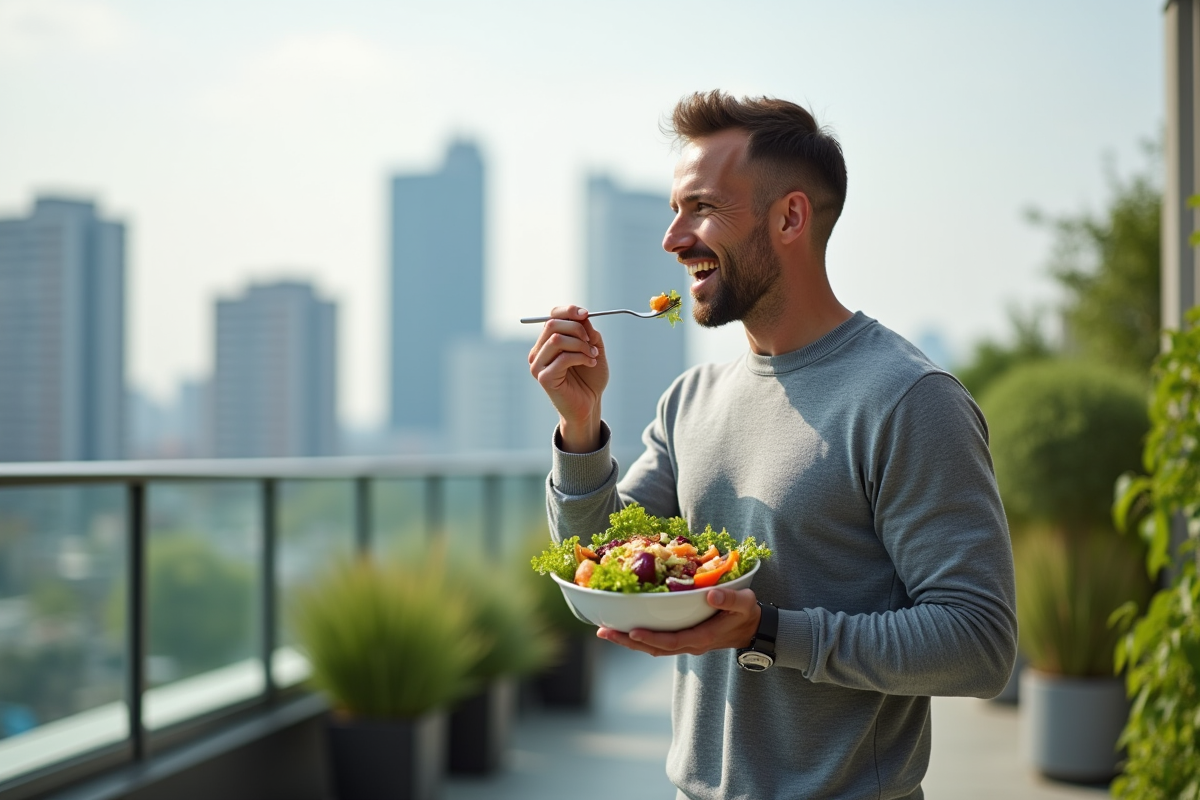 Homme en extérieur dégustant une salade dans un cadre urbain