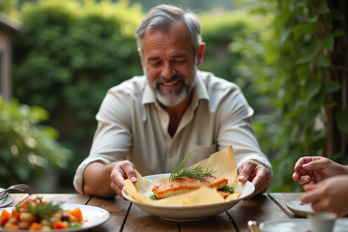 Homme servant un poisson en papillote sur une table extérieure