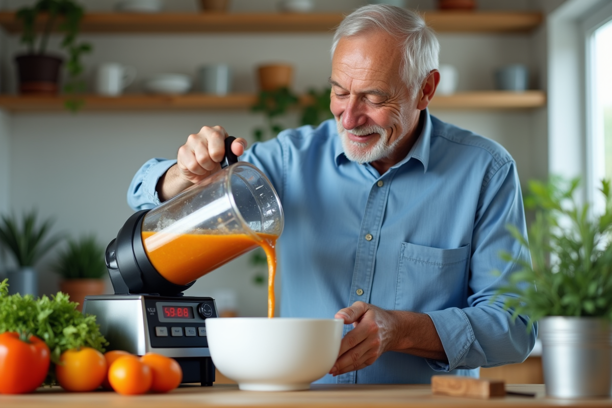 Homme versant une soupe de légumes dans un bol en cuisine