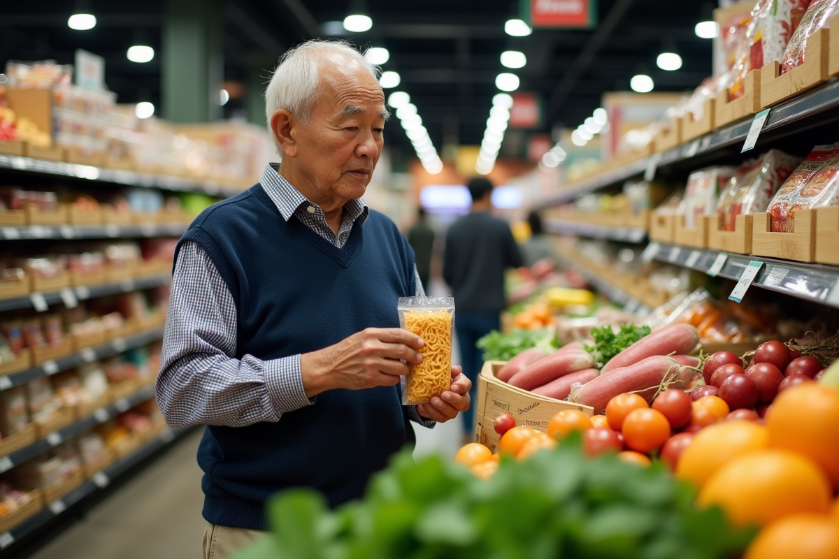 Homme âgé dans un supermarché avec légumes frais