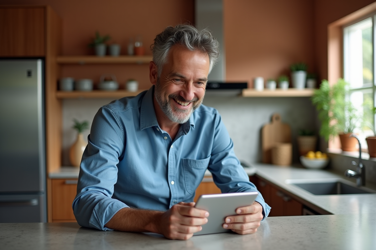 Homme souriant utilisant une tablette dans la cuisine