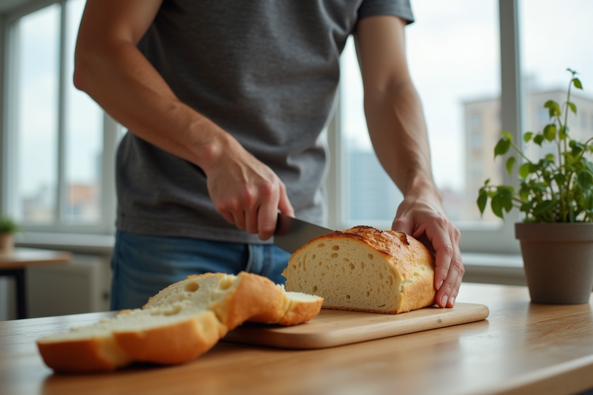 Jeune homme tranchant un pain doré dans une salle lumineuse