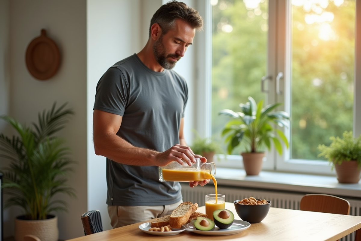 Homme versant smoothie dans un verre au petit déjeuner