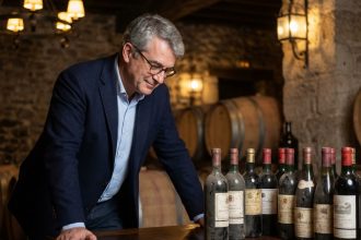 Homme français dans un cellier de vin Bordeaux