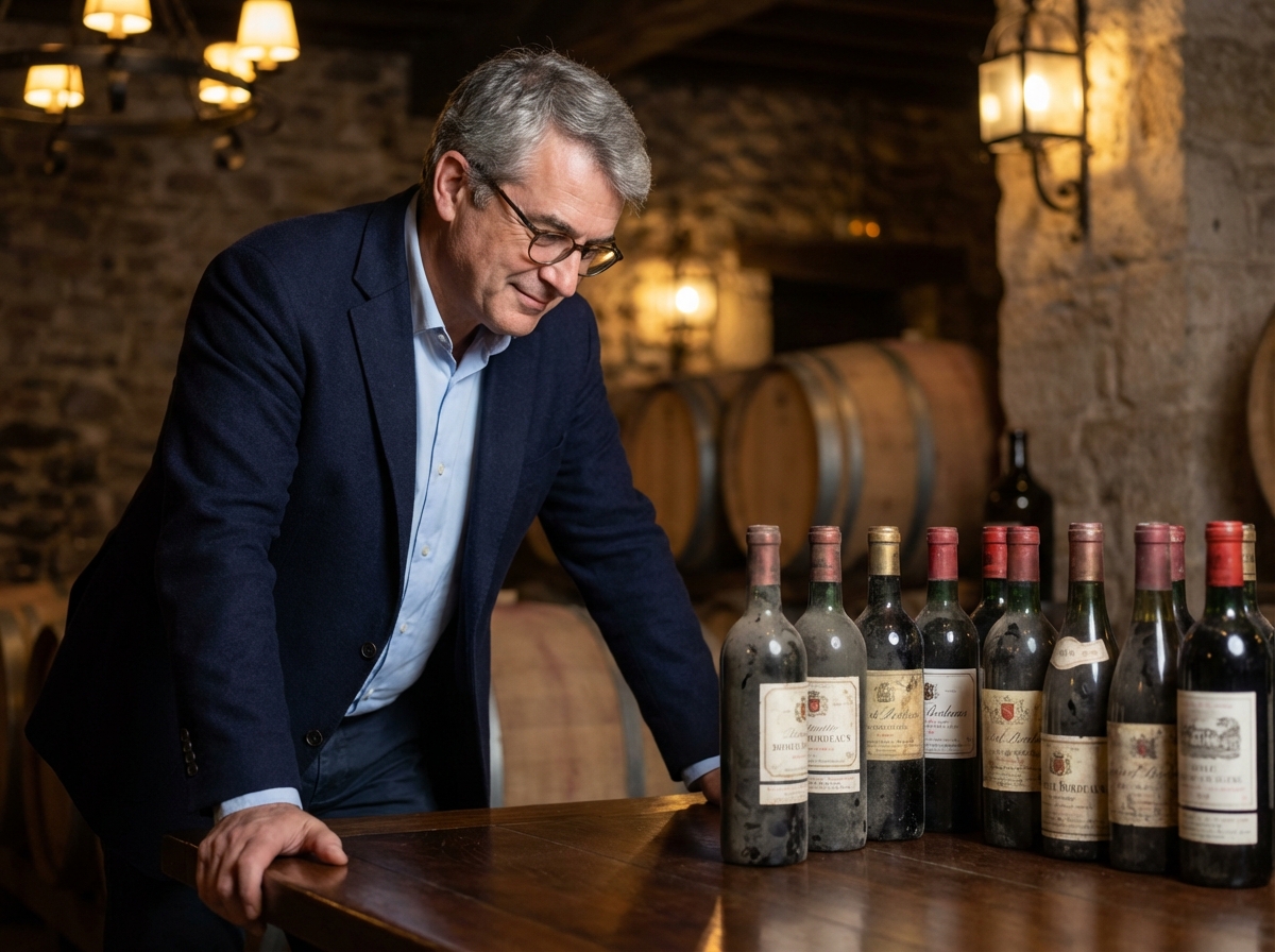 Homme français dans un cellier de vin Bordeaux