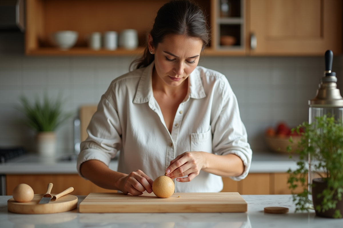 Femme appliquant de l'huile sur des ustensiles en bois dans la cuisine