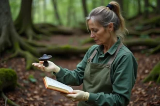 Femme débutante en forêt comparant un champignon charbonnier à un guide mycologique pour éviter les erreurs d'identification
