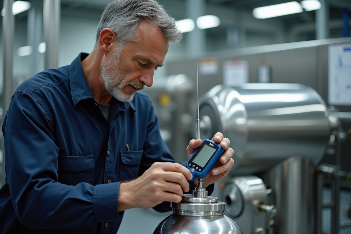 Ingénieur en travail navy installant une sonde dans un tuyau industriel