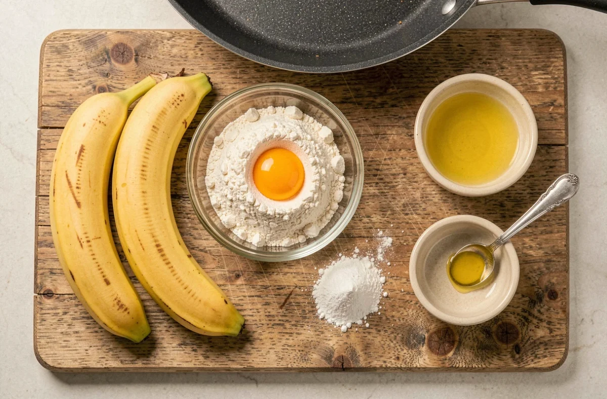 Ingrédients pour beignets à la banane avec une quantité minimale d'huile disposés sur une planche en bois