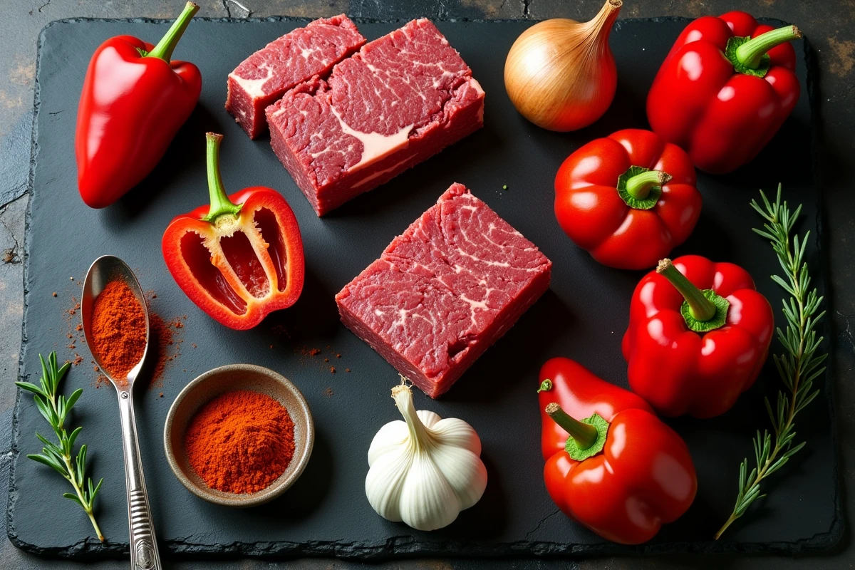 Ingrédients frais pour goulash hongrois disposés sur une ardoise: bœuf, paprika, oignons, ail et épices