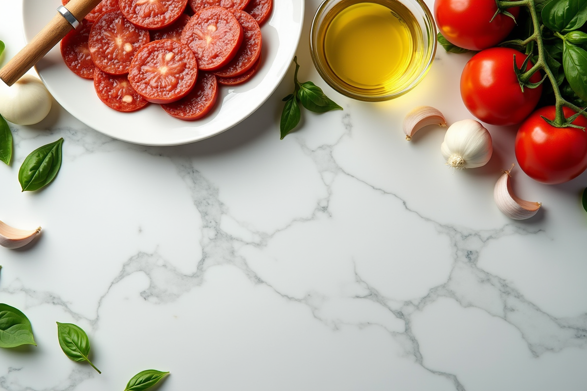 Ingrédients pour pizza chorizo sur plan de travail lumineux
