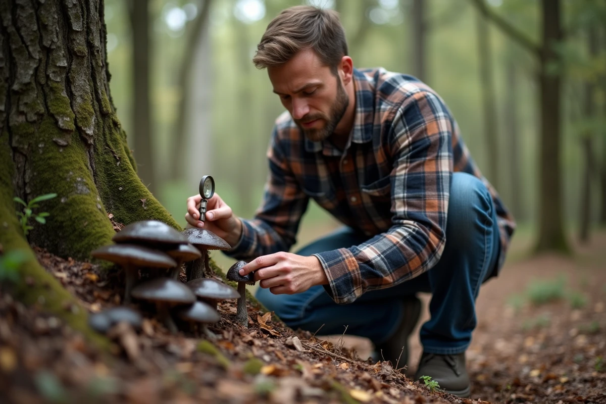 Homme accroupi en forêt inspectant les lames d'un champignon charbonnier avec une loupe, erreur de cueillette à éviter