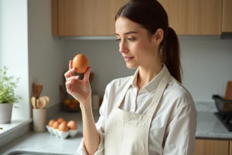Femme inspectant un œuf frais tenu à la lumière dans une cuisine moderne avec comptoir en marbre