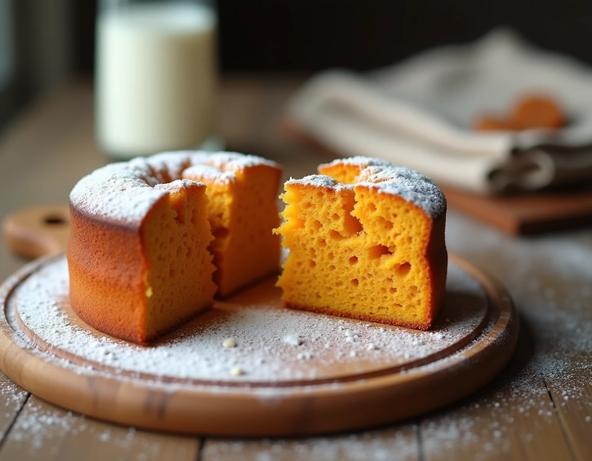 Gâteau à la patate douce coupé en deux révélant un intérieur moelleux orange parfumé à la vanille sur une planche en bois