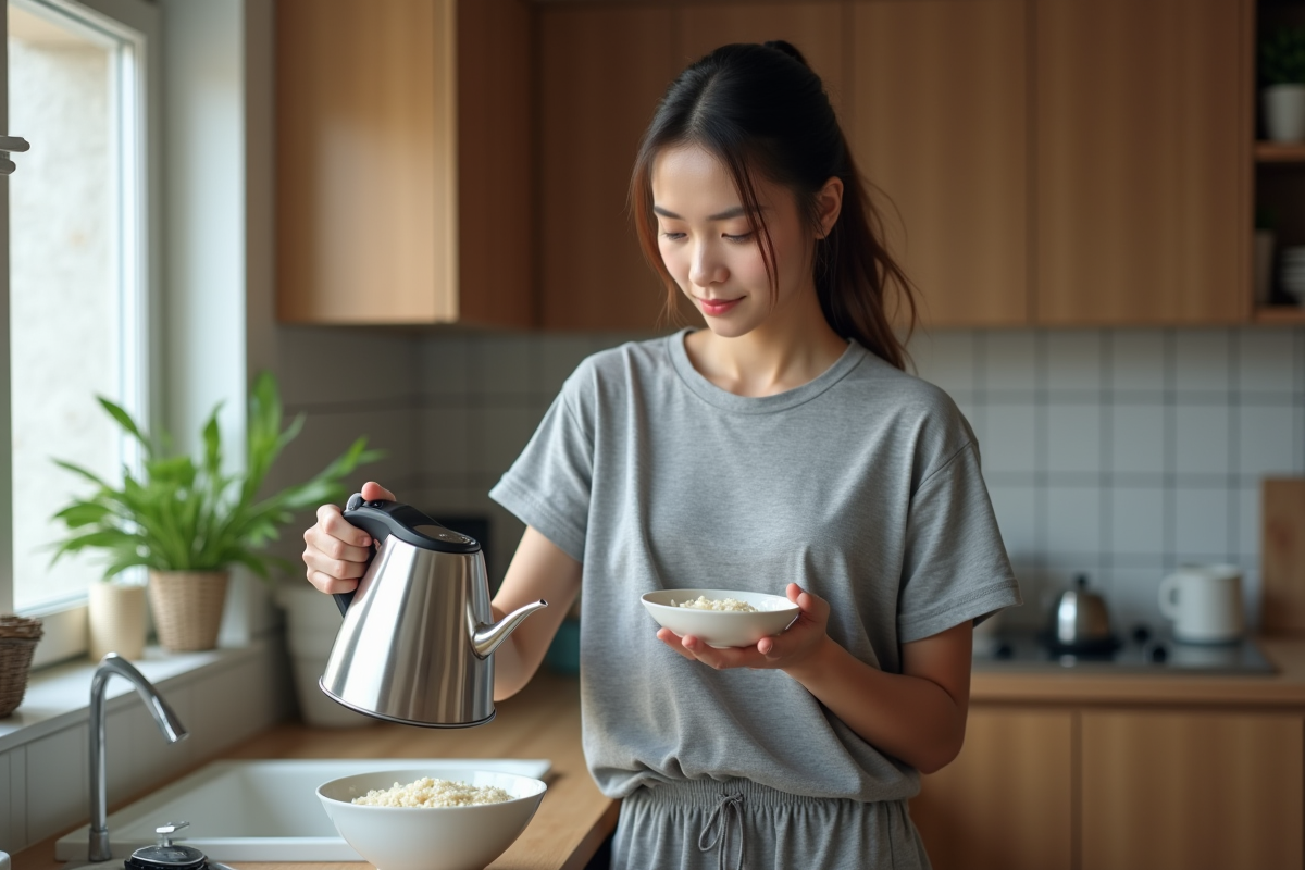 Jeune femme cuisant du riz dans une cuisine moderne