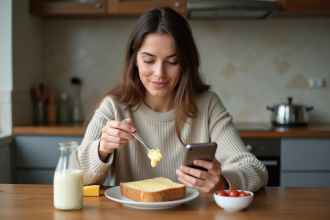 Jeune femme mangeant du fromage à la maison