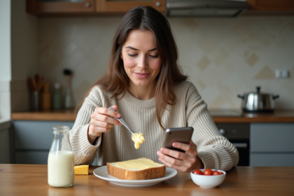 Jeune femme mangeant du fromage à la maison