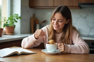 Jeune femme souriante dégustant un mugcake cookie dough
