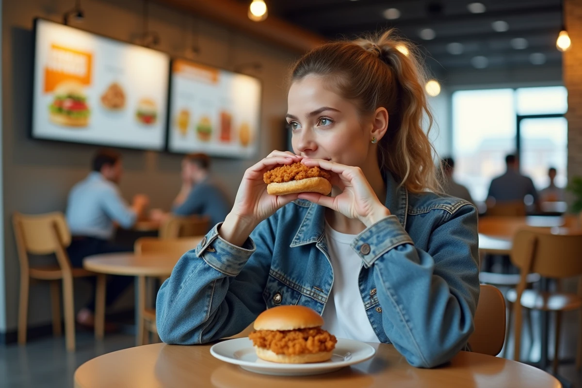 Jeune femme dégustant un sandwich croustillant dans un restaurant moderne