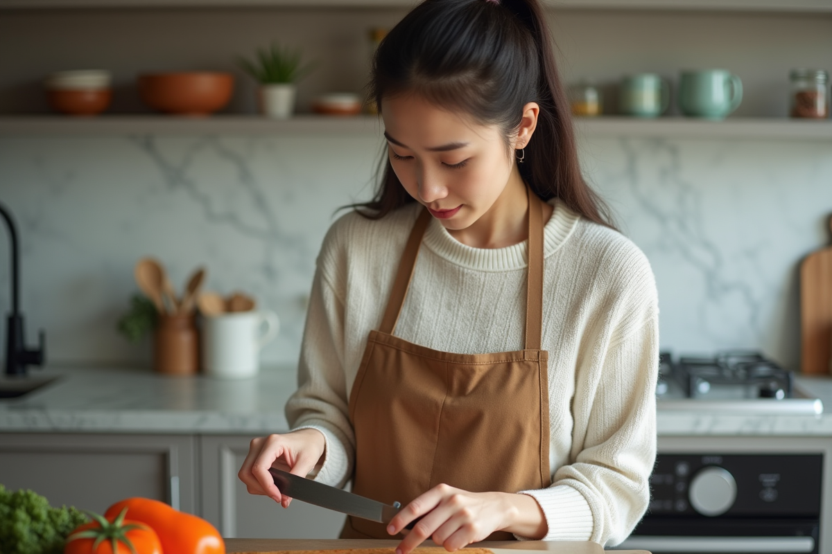 Jeune femme vérifiant la lame d