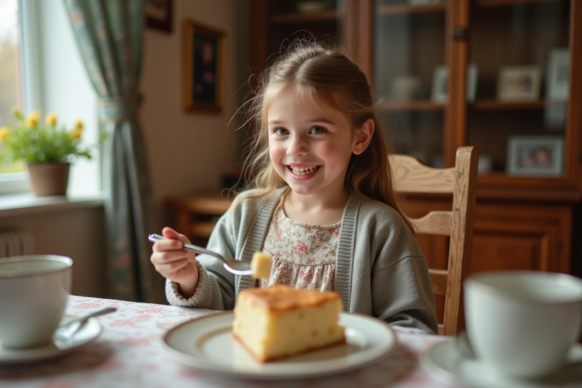 Jeune fille dégustant une part de gâteau aux poires