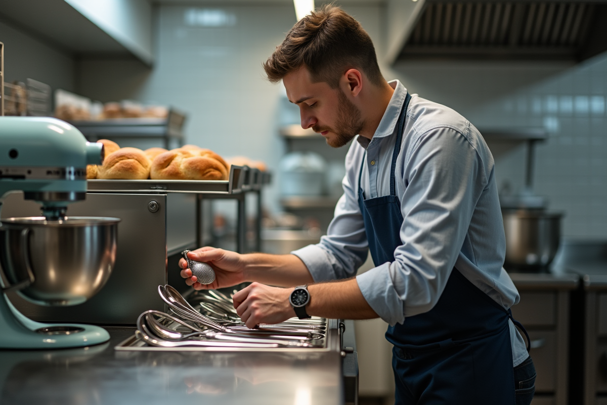 Jeune homme choisissant un accessoire pour robot pâtissier en cuisine pro