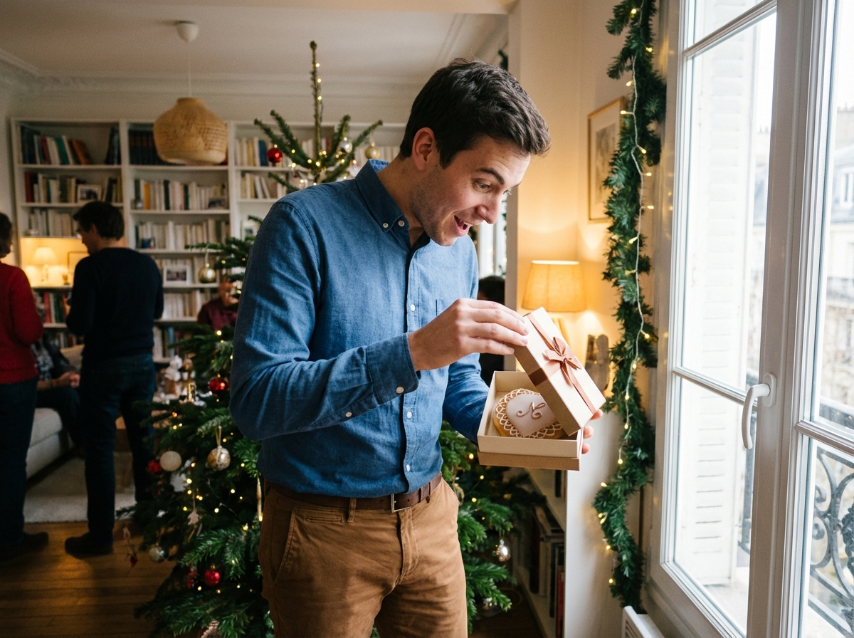 Jeune homme ouvrant un cadeau avec un calisson personnalisé