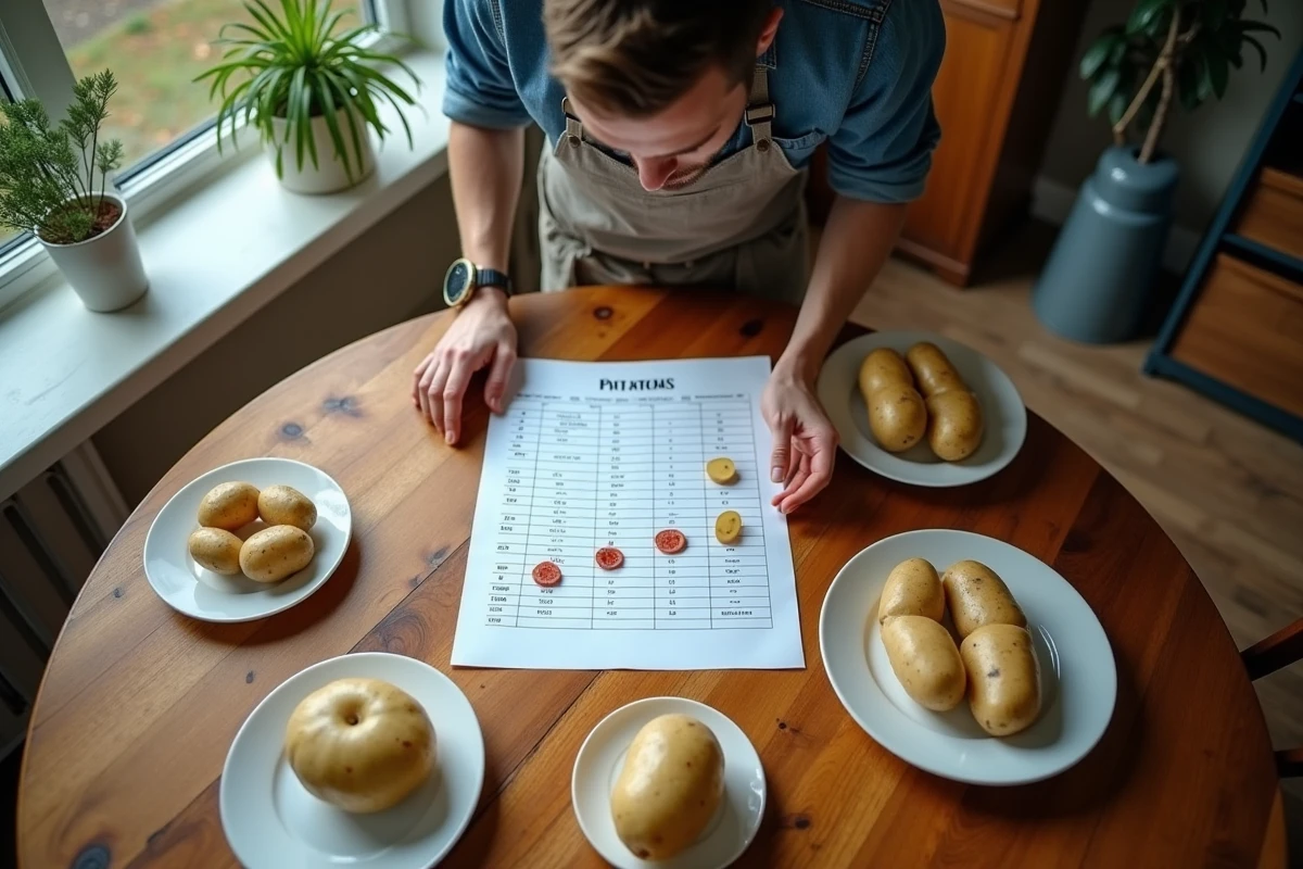 Jeune homme consultant tableau de cuisson pommes de terre