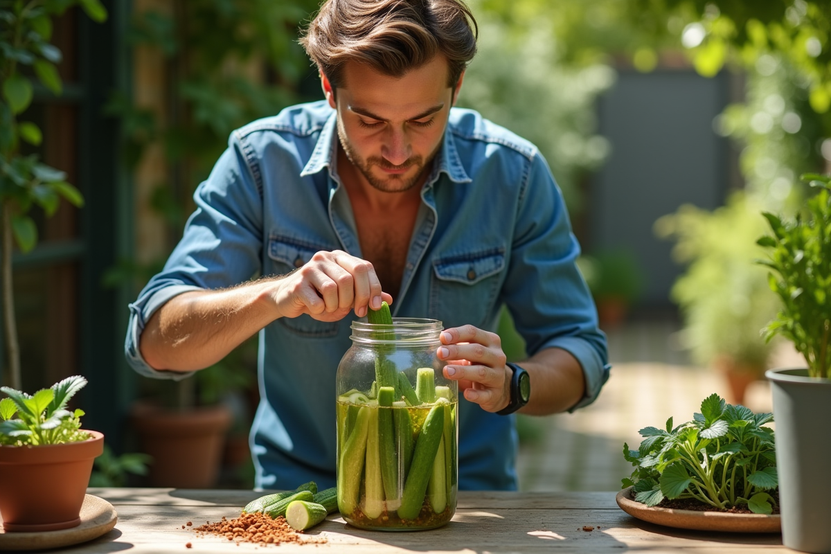 Jeune homme plaçant des concombres en bocal sur une table extérieure