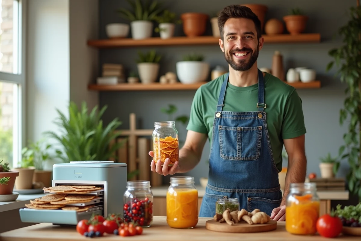 Jeune homme tenant un bocal de fruits déshydratés dans une salle à manger lumineuse