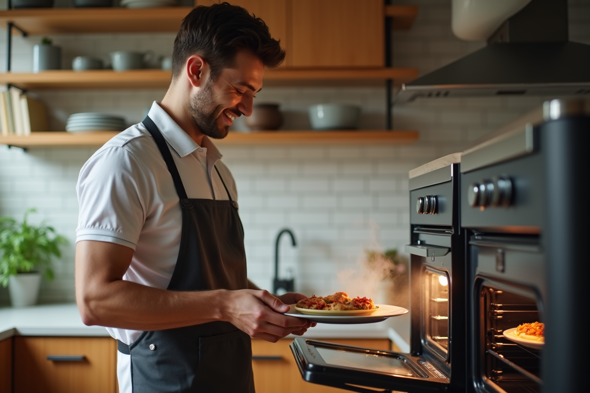 Jeune homme ouvrant un four vapeur dans une cuisine contemporaine
