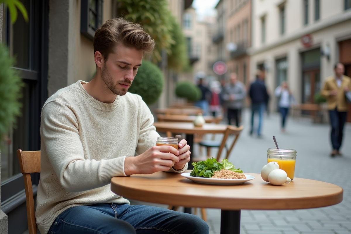 Jeune homme lisant une étiquette alimentaire en extérieur