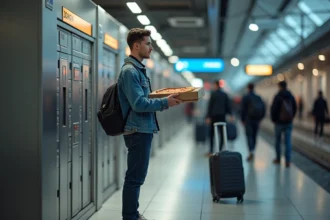 Jeune homme récupérant une pizza dans un locker moderne à la gare