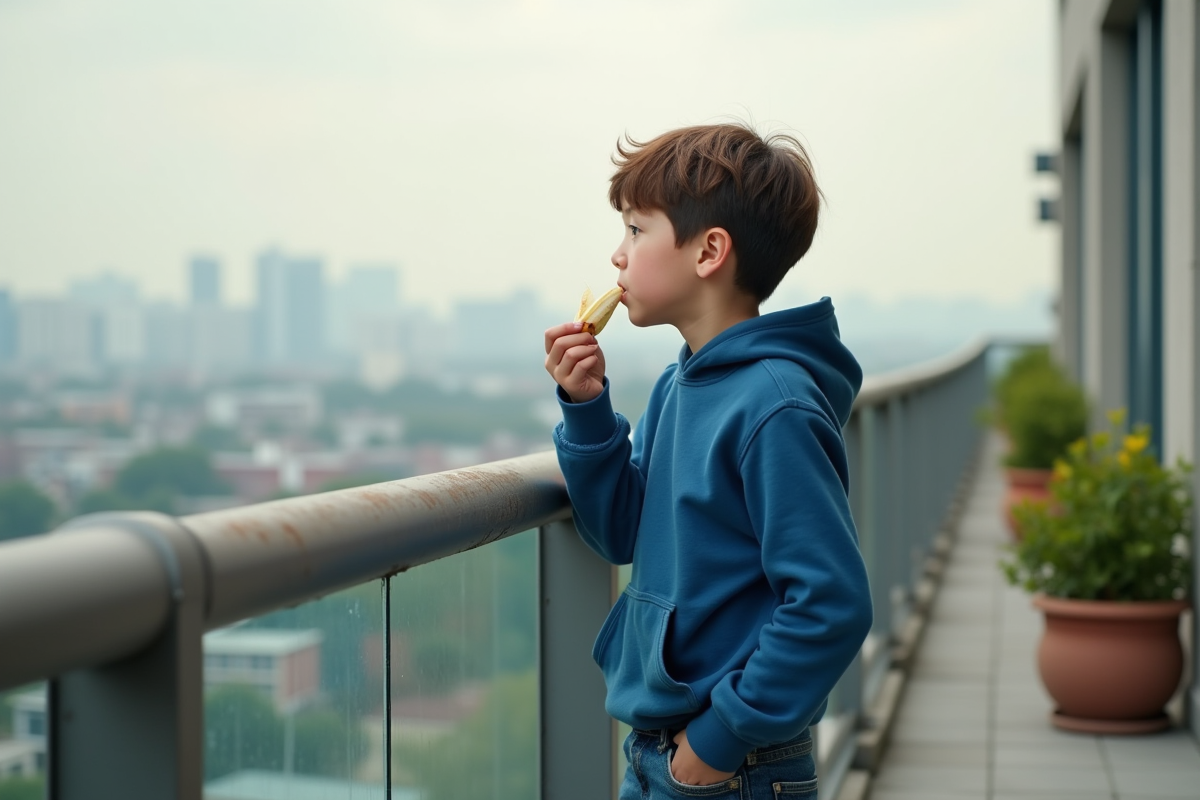 Jeune garçon mangeant une banane sur un balcon urbain