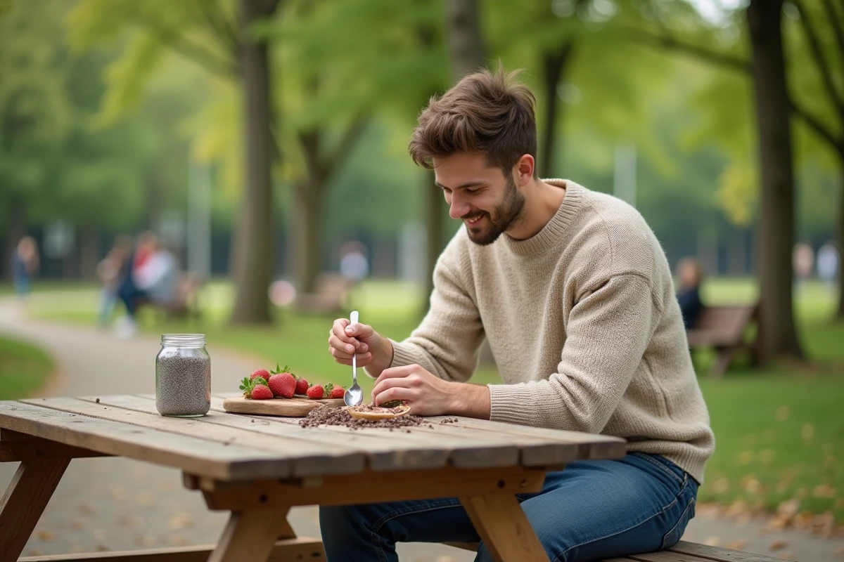 Jeune homme préparant un pudding de chia dans un parc urbain