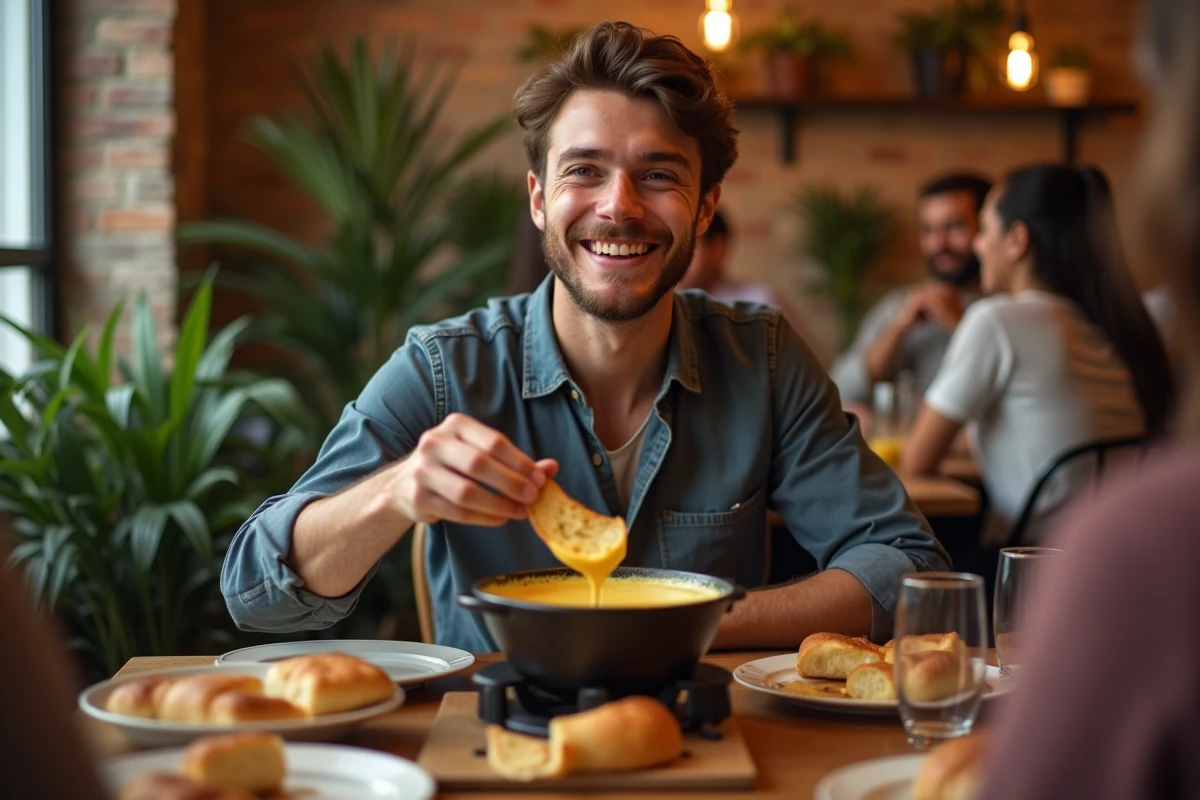 Jeune homme partageant une fondue avec des amis dans une ambiance conviviale