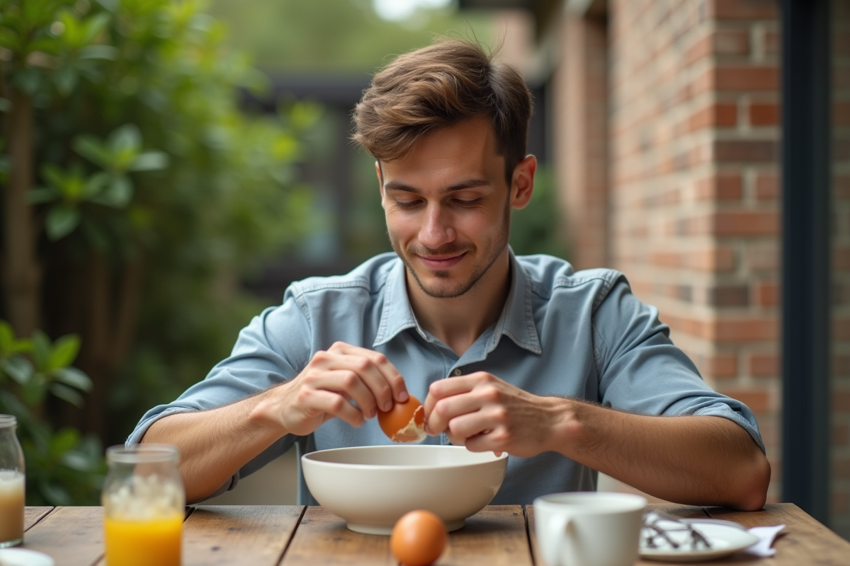 Jeune homme mangeant un œuf dans un patio extérieur