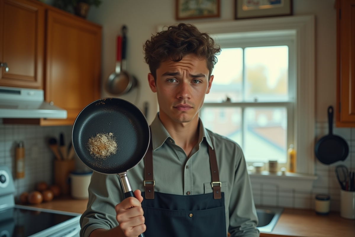 Jeune homme tenant poêle abîmée dans cuisine