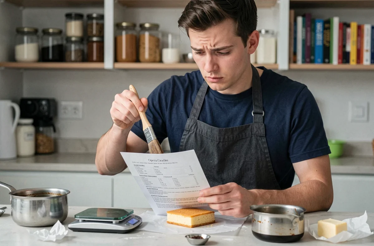 Jeune homme débutant en pâtisserie consultant une recette de gâteau Opéra avec un pinceau à la main dans une cuisine moderne