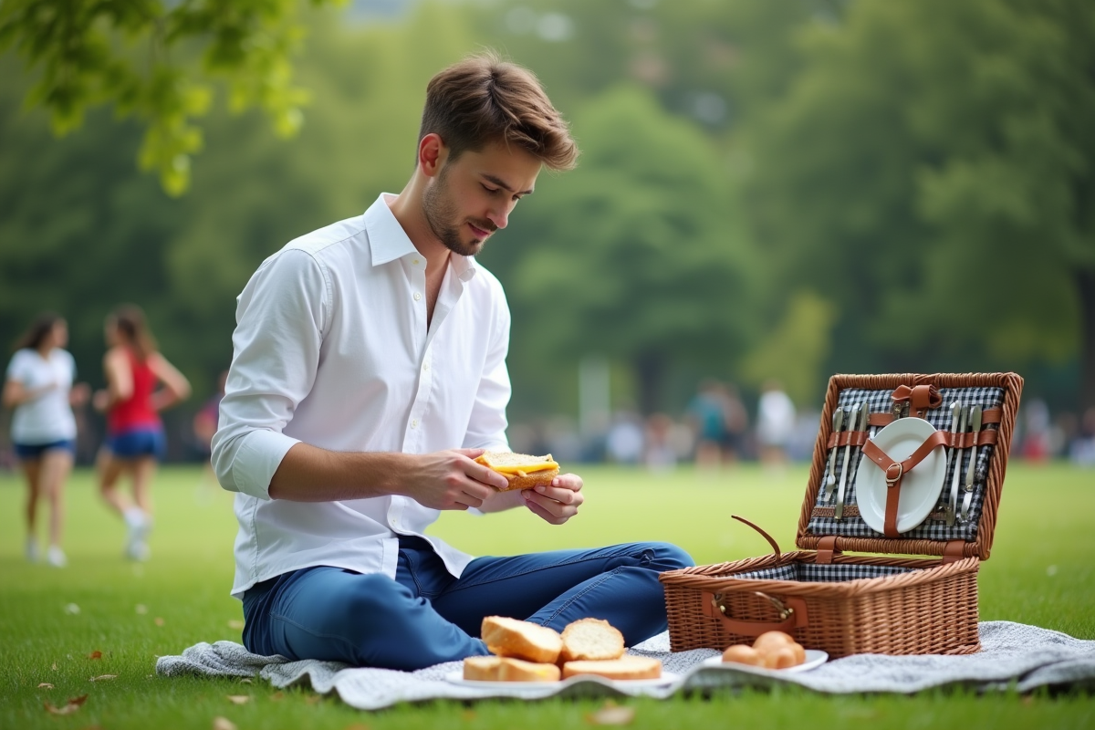 Jeune homme préparant un sandwich dans un parc urbain