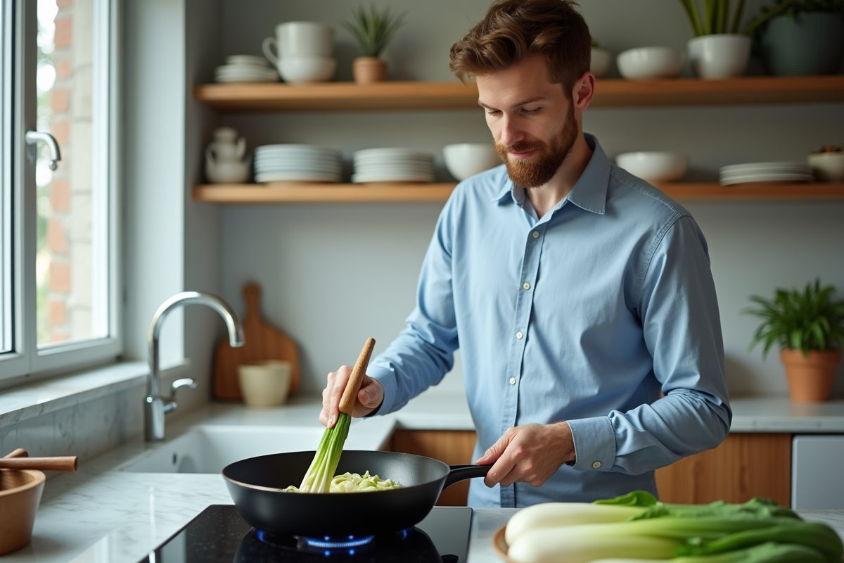 Jeune homme en cuisine préparant des endives dans une poêle