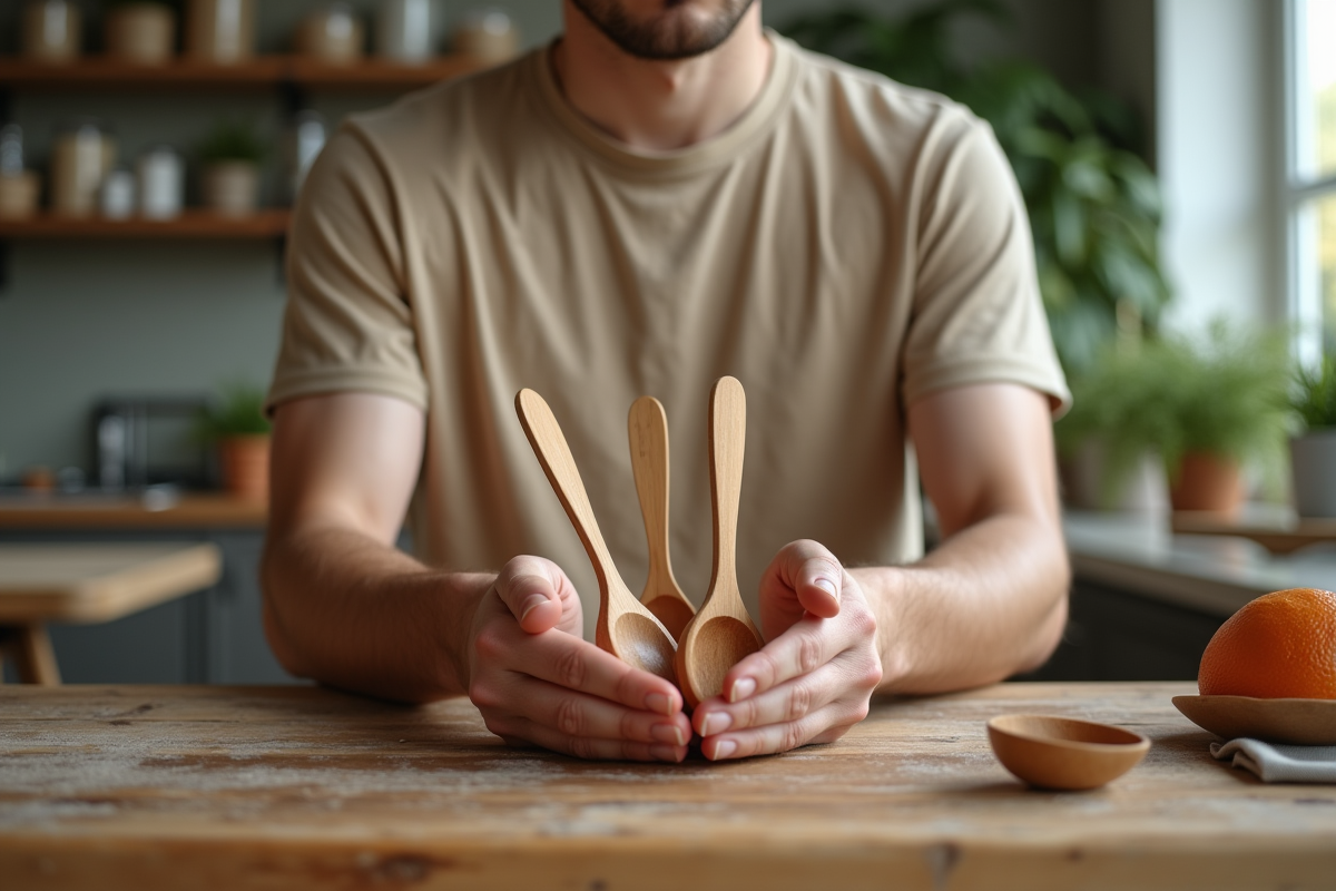 Jeune homme tenant des cuillères en bois huilées sur une table rustique