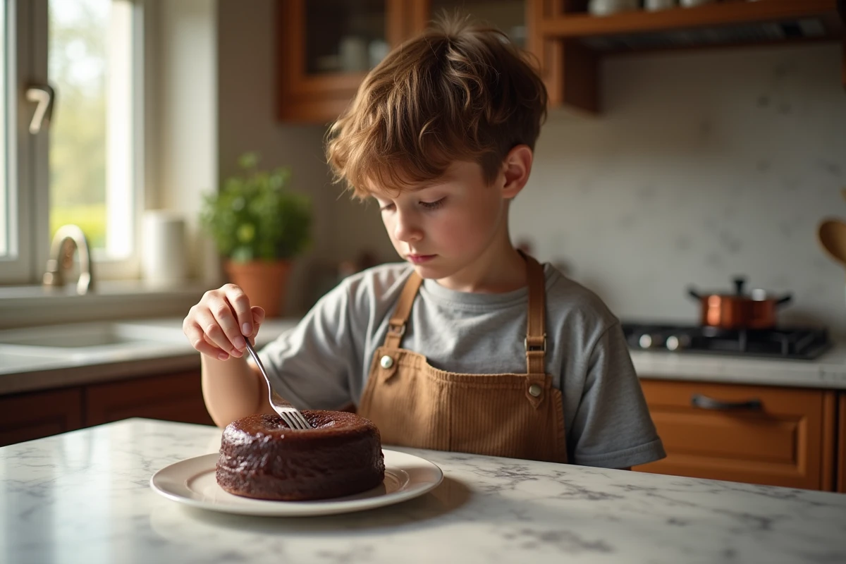 Adolescent vérifiant la cuisson d