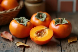 Kakis mûrs posés sur une table en bois rustique avec une tranche révélant la chair ambrée, idéal pour savoir quand manger le kaki en saison