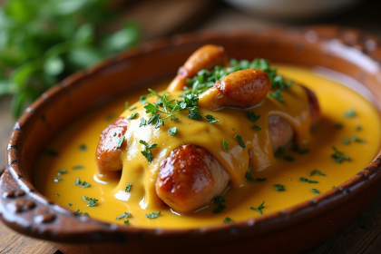 Lapin rôti avec sauce moutarde dans un plat rustique