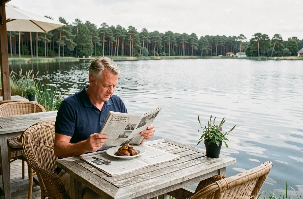 Client solitaire déjeunant d'un confit de canard en terrasse du Hittau à Biscarrosse avec vue sur l'étang et la forêt de pins