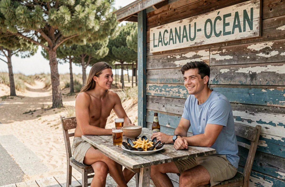 Couple déjeunant en terrasse de bois au Kayoc à Lacanau-Océan avec moules-frites et bière locale, ambiance surf et pin